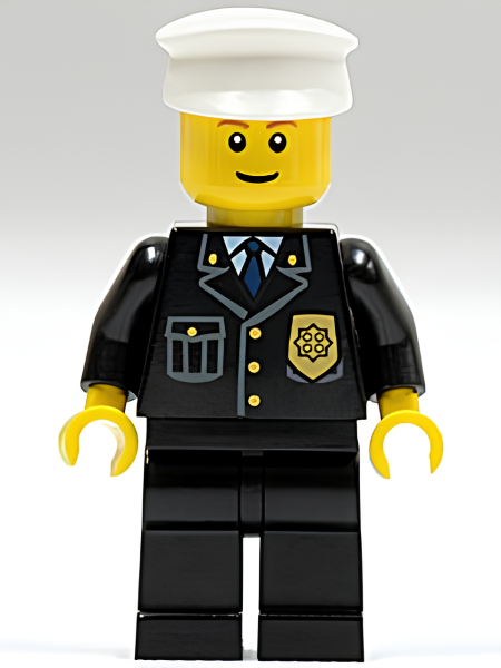 Минифигурка Lego Police - City Suit with Blue Tie and Badge, Black Legs, White Hat, Brown Eyebrows, Thin Grin cty0005